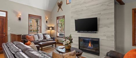 Televisión, chimenea, estéreo