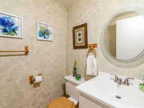 Hair dryer, towels, soap, shampoo