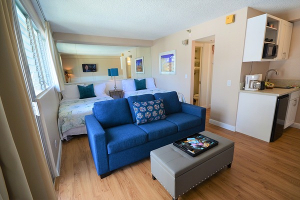 Renovated Jan 2020 with new flooring, wall paper removed, walls painted, kitchenette cabinets & counter-tops replaced, new couch & TV too.