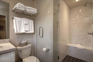 Shower, hair dryer, shampoo