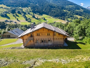 A wooden chalet with a sloped roof, situated in a mountainous area with green fields and trees in the background.