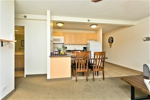 Fridge, microwave, stovetop, coffee/tea maker