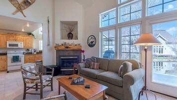 Smart TV, fireplace, books
