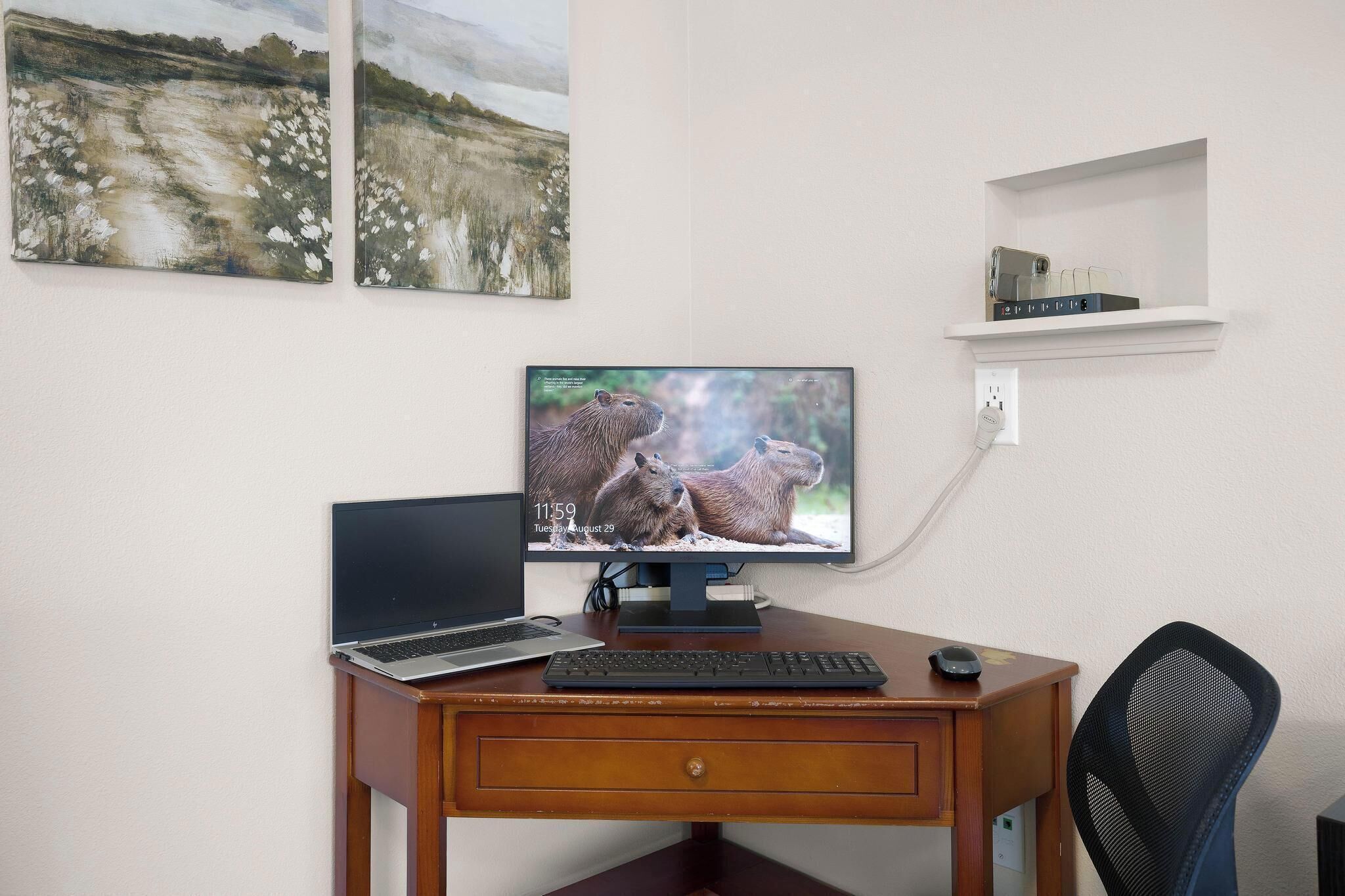 A desk with a laptop, a desktop monitor displaying an image of capybaras, a keyboard, and a mouse. There is a chair and a shelf with electronic devices.