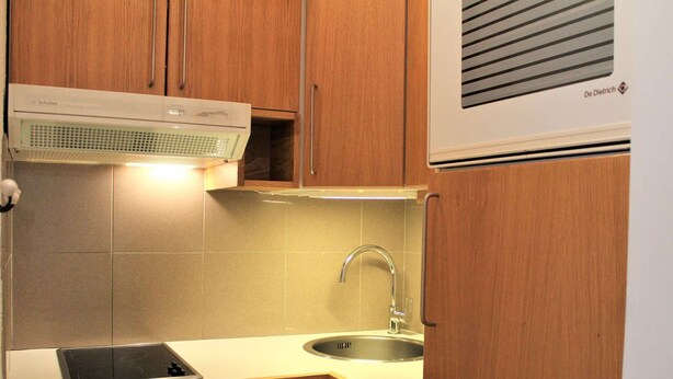A compact kitchen with wooden cabinets, a stainless steel sink, a built-in dishwasher, and a range hood. - Charming Studio in Vars, 30m from Slopes, Sleeps 4 (Vars)