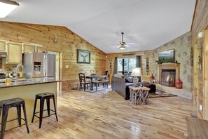 Smart TV, fireplace, DVD player, foosball