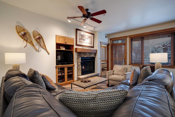 Flat-screen TV, fireplace, DVD player, stereo