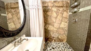 Hair dryer, towels, soap, shampoo
