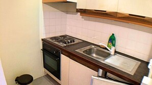 A compact kitchen with a stove, sink, and white cabinets. - Charming 2-Room Cabin Apt, 40m², Sleeps 4, Near Vars Les Claux Slopes (Vars)