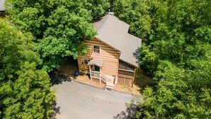 Une cabane en bois entourée d’une forêt dense.