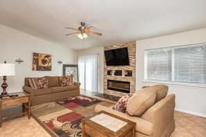 Télévision, cheminée, jeux vidéo, lecteur de DVD