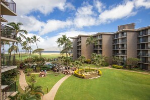 Enjoy a tranquil outdoor space with a lawn, palm trees, and barbecue area, offering stunning views of the beach and surrounding landscape.