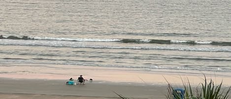 On the beach, sun loungers, beach towels
