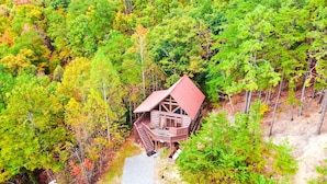 A cabin with a red roof, surrounded by dense forest.