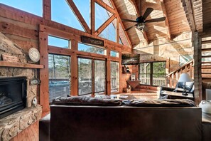 Smart TV, fireplace, books, music library