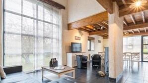 A spacious living area with a large window, a fireplace, a television, and a dining area with outdoor seating.