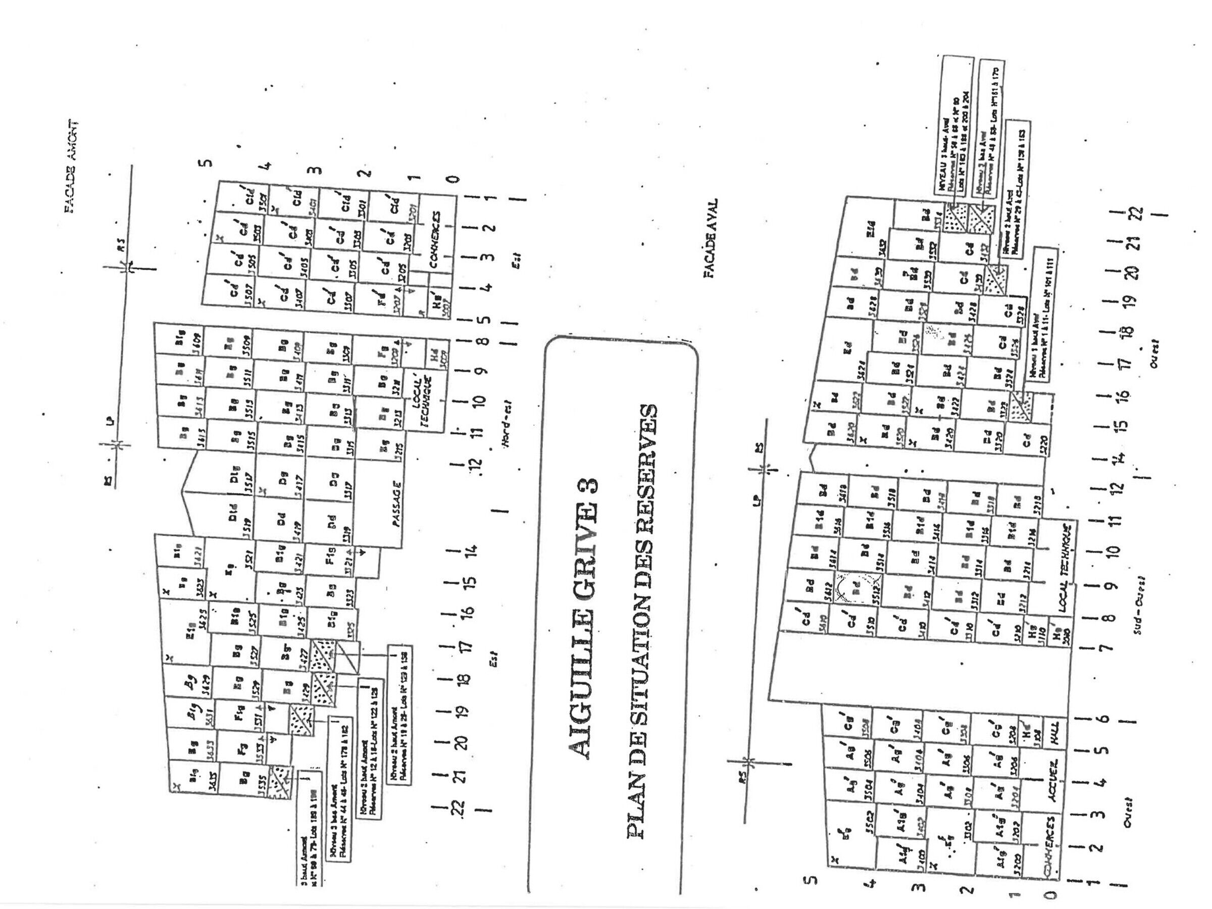 Plano detallado de Aiguille Grive 3, con la distribución de las habitaciones, dimensiones y números de las mismas.