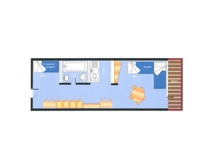A hotel room layout with a bed, a desk, a bathroom, and a balcony.