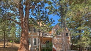 A two-story house with a front porch, surrounded by tall pine trees. - Big Tree Lodge by Destination Big Bear : Ping Pong! Wood Burning Fireplace! Cable! Internet! Propane BBQ! (Big Bear City)