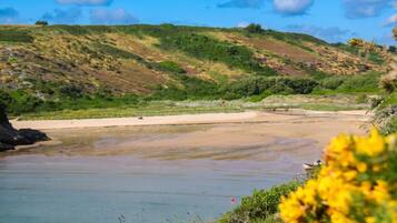 A coastal landscape with a sandy beach, calm water, and green hills in the background.