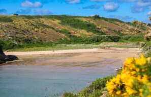 Un paisaje costero con una playa arenosa, agua tranquila y colinas verdes al fondo.