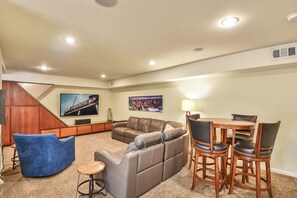 Smart TV, fireplace, video games, DVD player