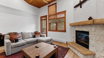 Televisión, chimenea, reproductor de DVD, videoteca