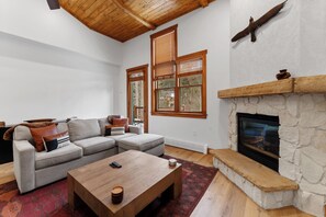 Televisio, takka, DVD-soitin, videokirjasto