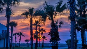 A sunset with palm trees and a house in the foreground. - Pelicans Place LCV23 has great views from 2 decks, and is close to white sandy b (Port Aransas)