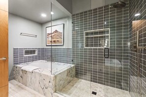 Bathtub, hair dryer, shampoo
