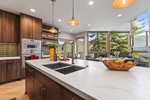 Une cuisine moderne dotée d’un grand îlot central, d’appareils électroménagers en acier inoxydable et offrant une vue sur l’extérieur.