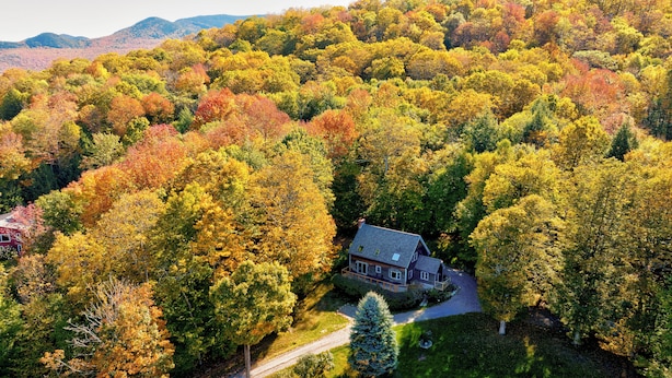 Vue aérienne d’une maison entourée d’un feuillage automnal dense.
