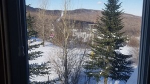 A window view of a snowy landscape with bare trees and a distant hill. - Ski in/out 4 BR townhome directly on Raccoon Run and the Village Chair Lift !! (Jay)