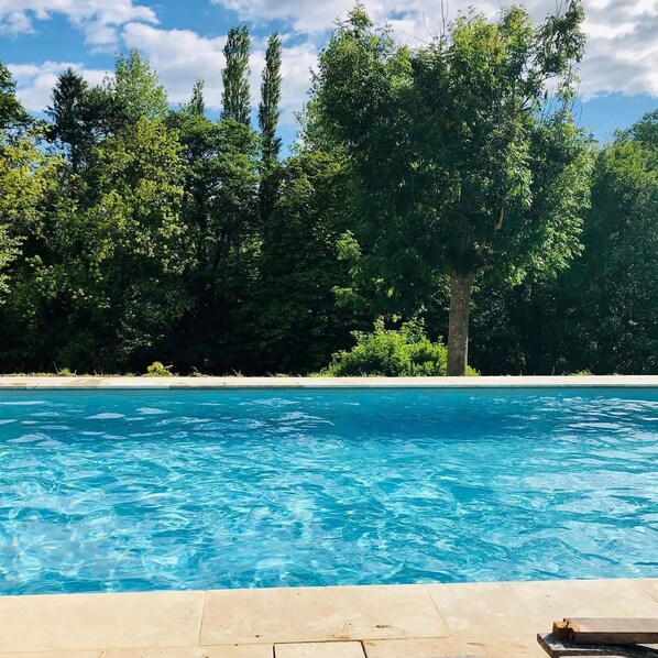 Une piscine à l’eau d’un bleu cristallin, entourée d’arbres verdoyants et sous un ciel dégagé.