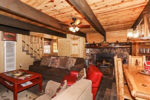 Flat-screen TV, fireplace, video game console, Netflix