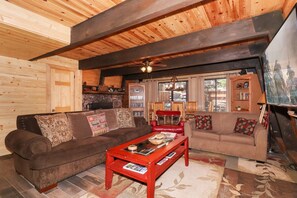 Flat-screen TV, fireplace, video game console, Netflix