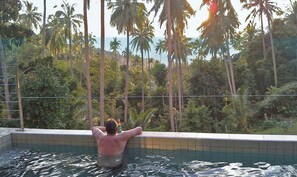 Un homme dans une piscine, avec en arrière-plan une vue sur de hauts palmiers et une étendue d'eau.