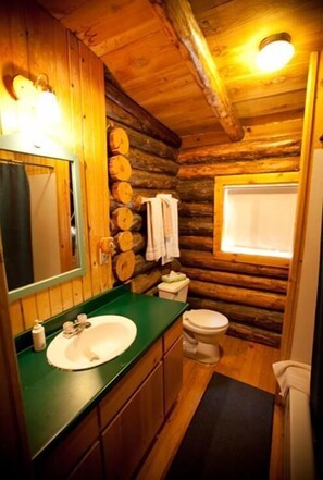 Bathroom features a sink, toilet, and window.