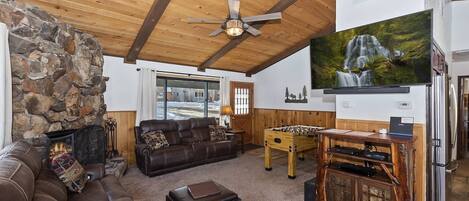 TV, fireplace, DVD player, foosball