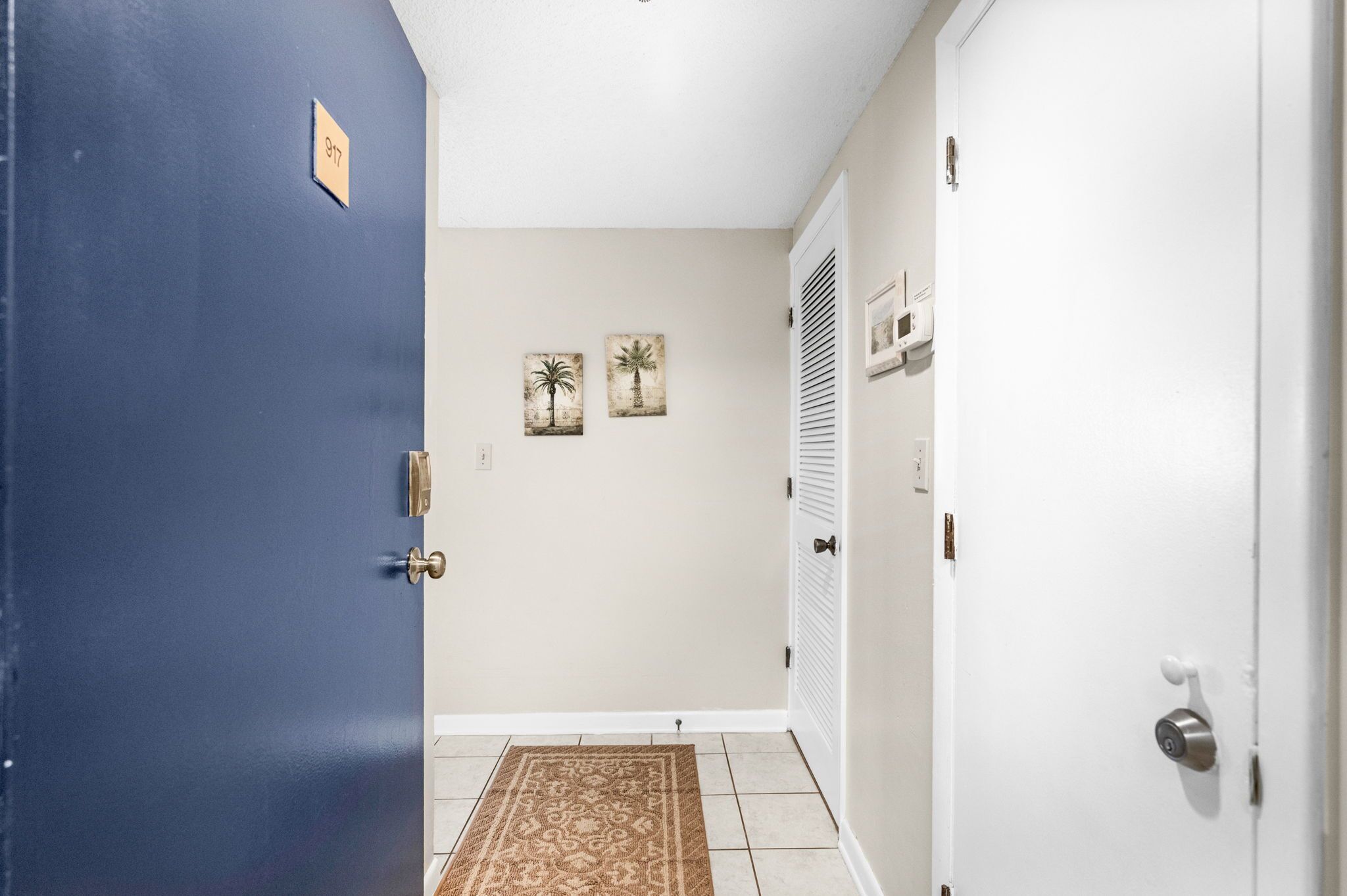 A hallway with a blue door, a white door, and a beige wall with two palm tree paintings.