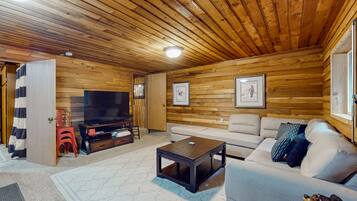 TV, DVD player, foosball, video library