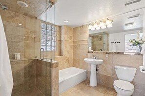 Bathtub, hair dryer, shampoo