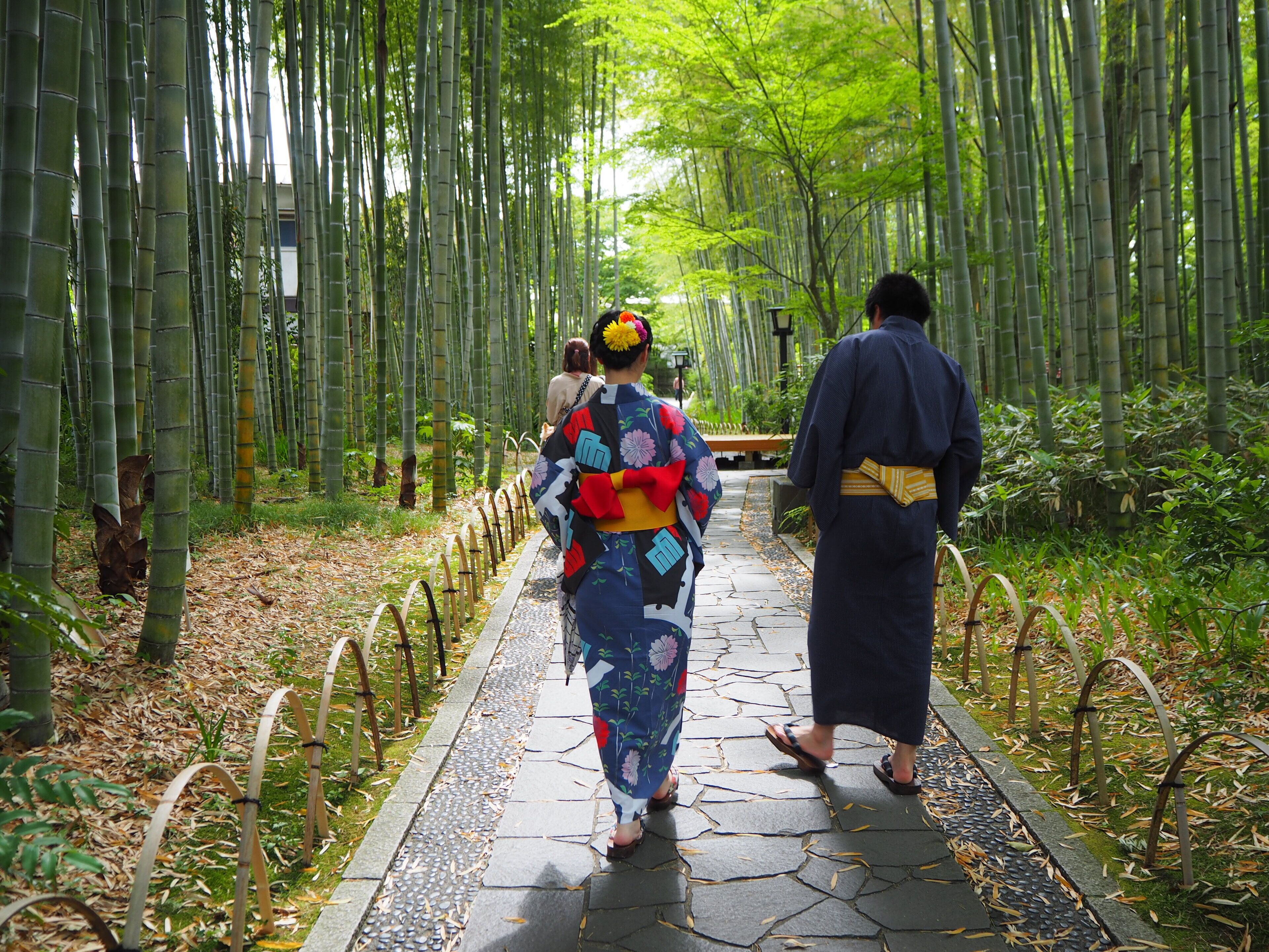 A pathway lined with bamboo trees, leading to a traditional Japanese structure.
