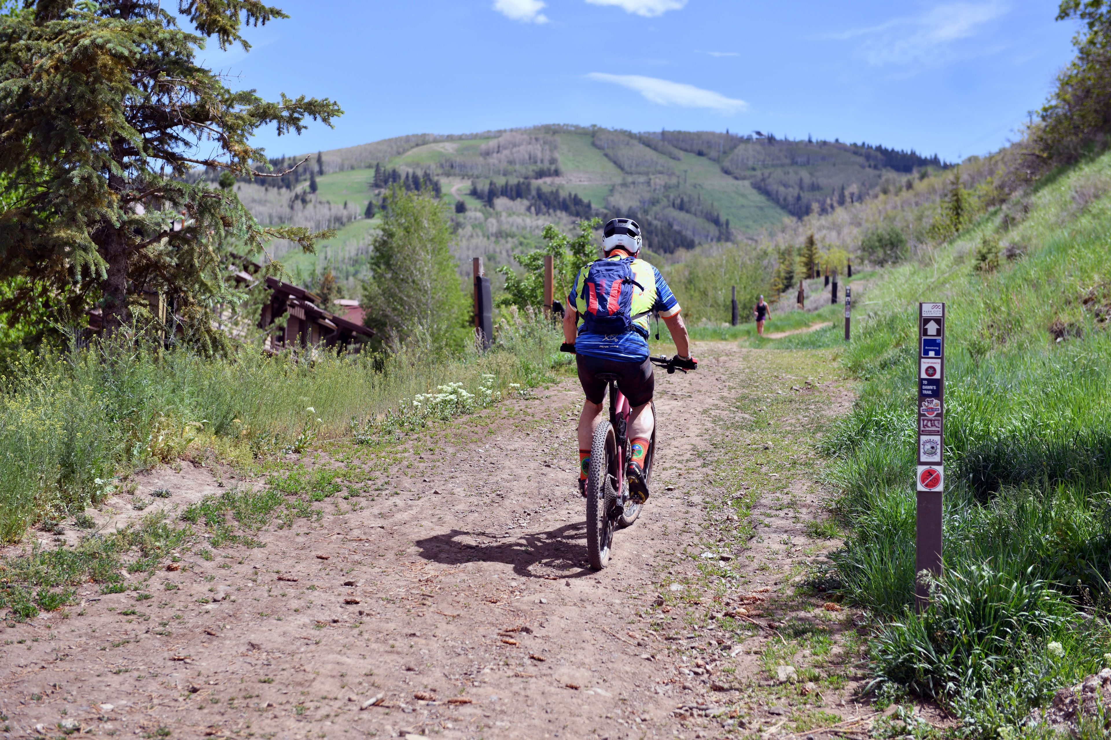Un sentier de VTT avec un chemin de terre, entouré de verdure et de collines.