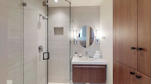 Shower, hair dryer, towels