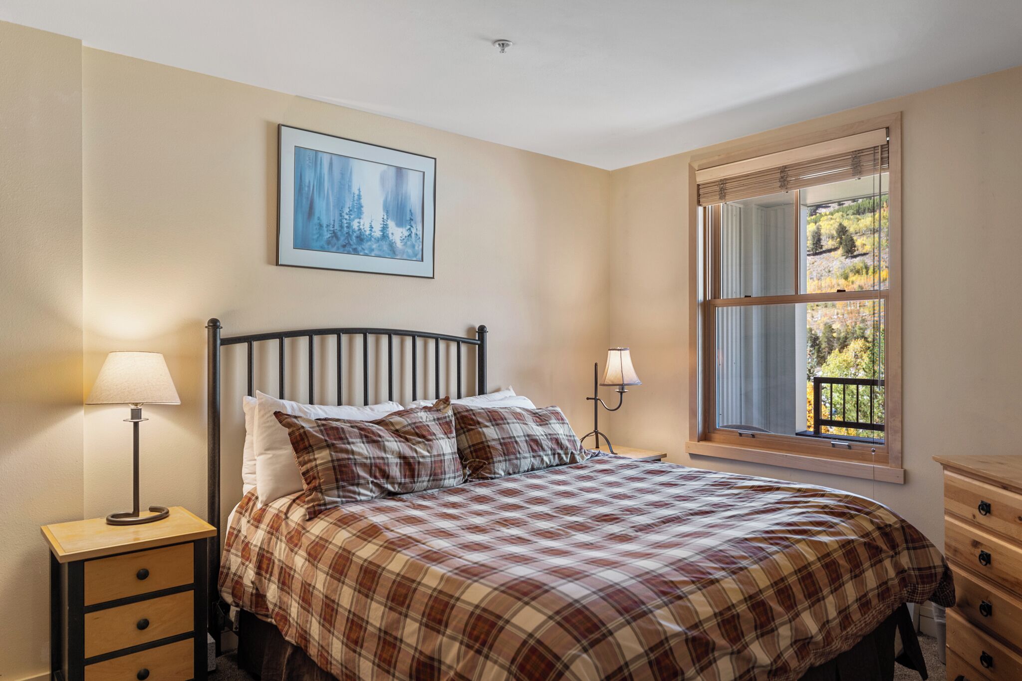 Um quarto com uma cama, uma mesa de cabeceira com luminária, cômoda, janela com vista para árvores e um quadro na parede.