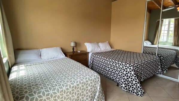 A hotel room with two beds, a nightstand, a lamp, and a large mirror. - Scott Beach Villas #1 (St Thomas)