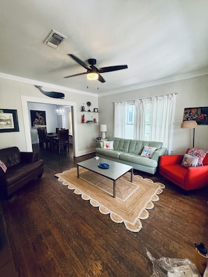 TV connectée, cheminée, lecteur de DVD, livres