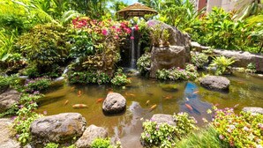 A tropical garden with a waterfall, koi fish, and a gazebo.