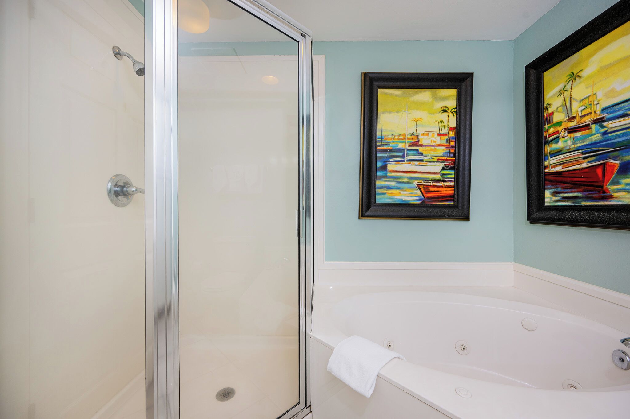 A bathroom with a glass-enclosed shower, a white bathtub, and two framed paintings on the wall.